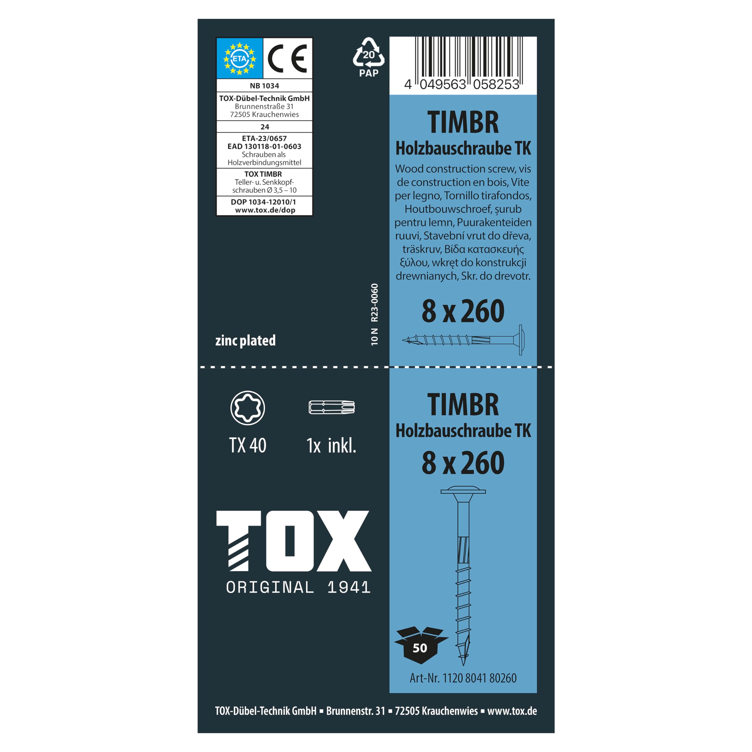 TOX Timbr TK 1120804180260 Wood Screws 8.0 x 260 mm, Blue Galvanised with Flat Head, TX40 - Image 4