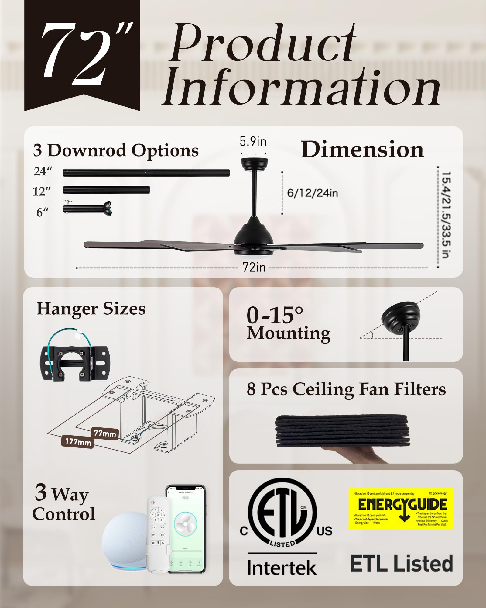 72 Large Smart Ceiling Fan with Light Remote Control via WiFi Alexa 6-Speeds Quiet DC Motor Dimmable Indoor — view 6