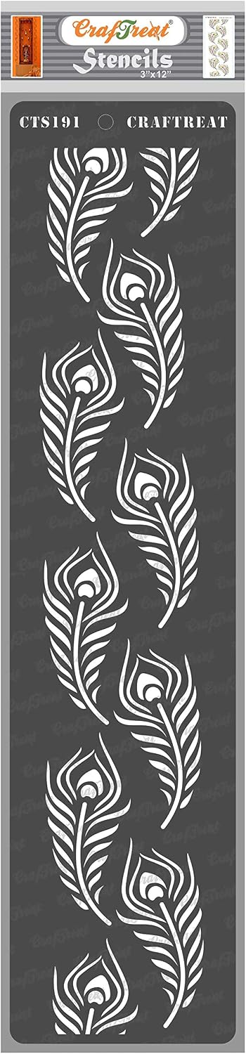 CrafTreat Reusable Stencil - Peacock Feathers Border - Painting Template for Journal, Home Decor, Crafting, DIY Albums, Scrapbook and Printing on Paper, Floor, Wall, Tile, Fabric, Wood 3x12 inches