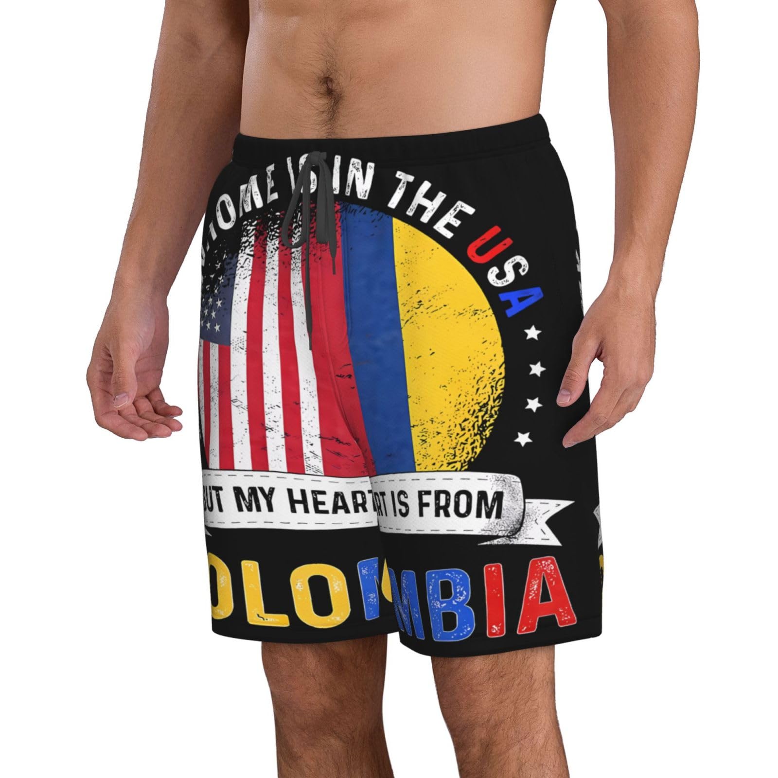 KINGUYSE Colombian American Patriot Heart is from Colombia Flag Men's Beach Shorts Casual Swim Trunks Quick Dry Board Short Hawaii Bathing Suit Elastic Waist Sports Trunk for Surfing Large Black