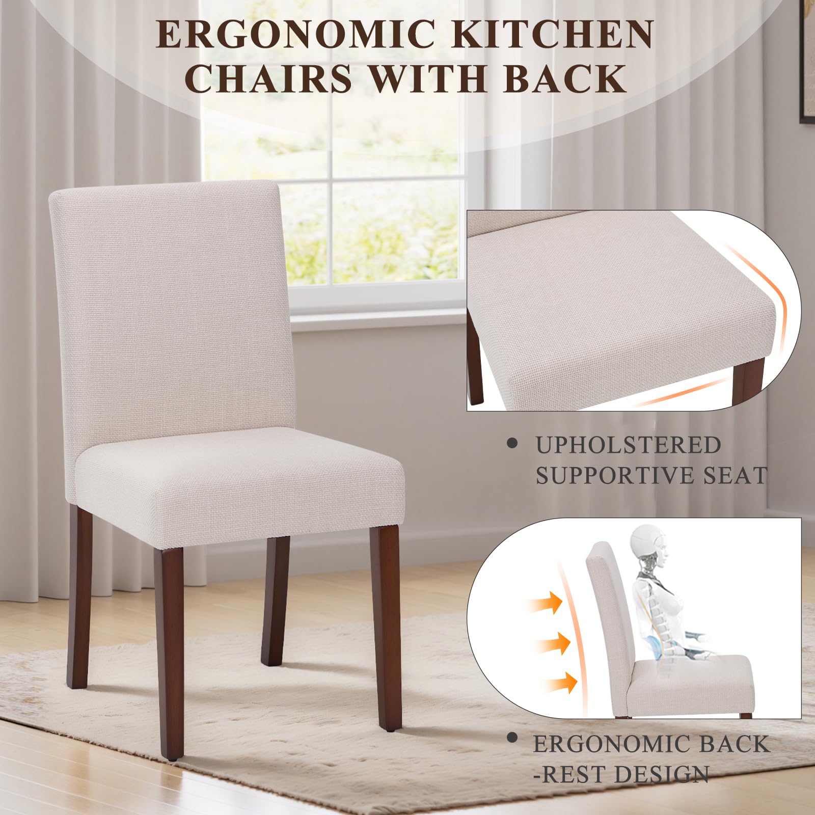 Upholstered Parsons Dining Chairs Set of 4, Modern Dining Room Chairs with Back, Fabric Kitchen Side Chairs with Wood Legs for Dinner Farmhouse Restaurant, Beige