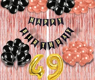 Mystic Toy Store 49th Birthday Decoration items for Girls with Black and Rose Gold Balloons, Black Happy Birthday Banner, Rose Gold Foil Curtain, Foil Balloon number 49