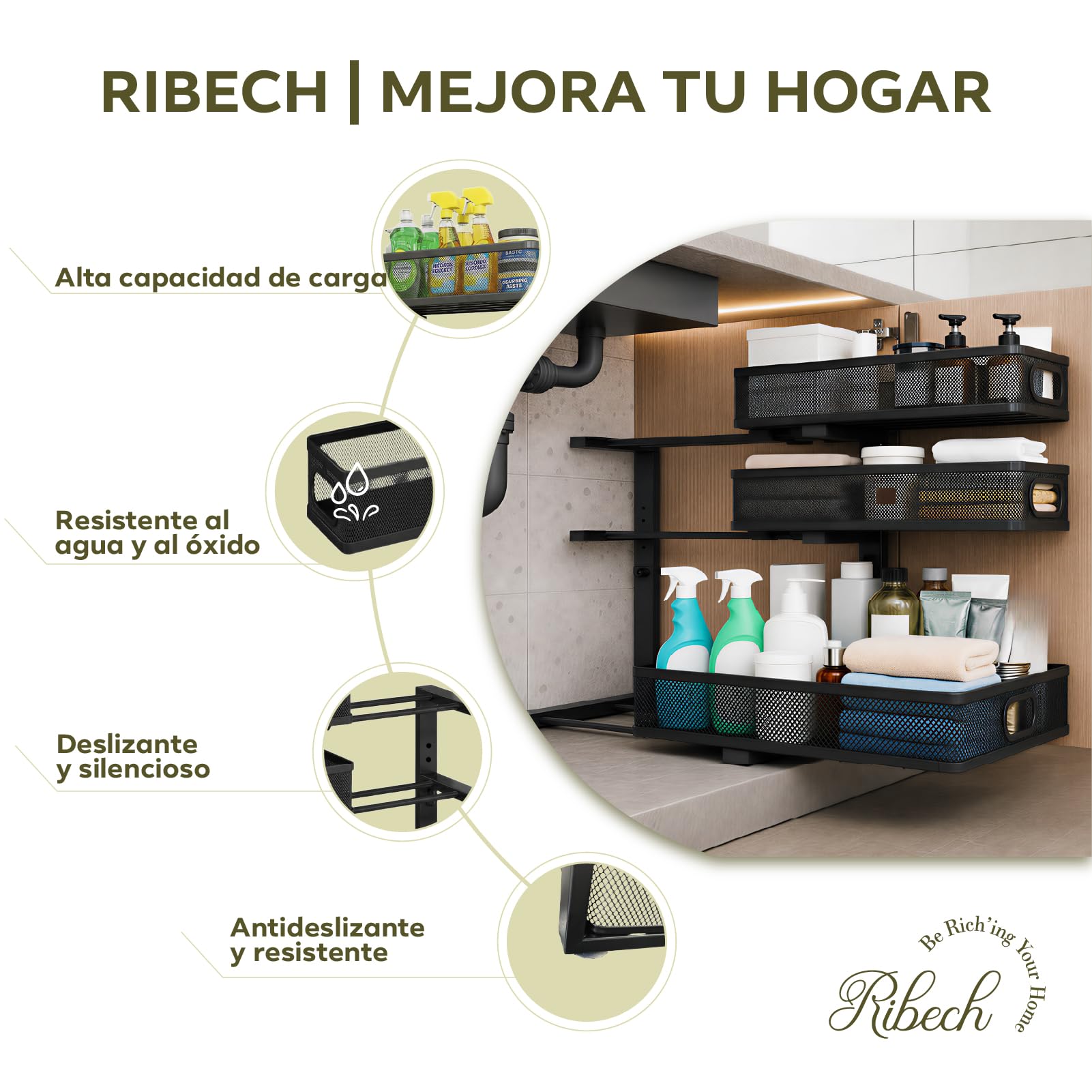 Organizador De 3 Niveles De Acero, Ajustable Y Antideslizante | Deslizamiento suave, Estructura acero, Pies antideslizantes, Compartimentos versátiles, Resistente al agua, Fácil limpieza