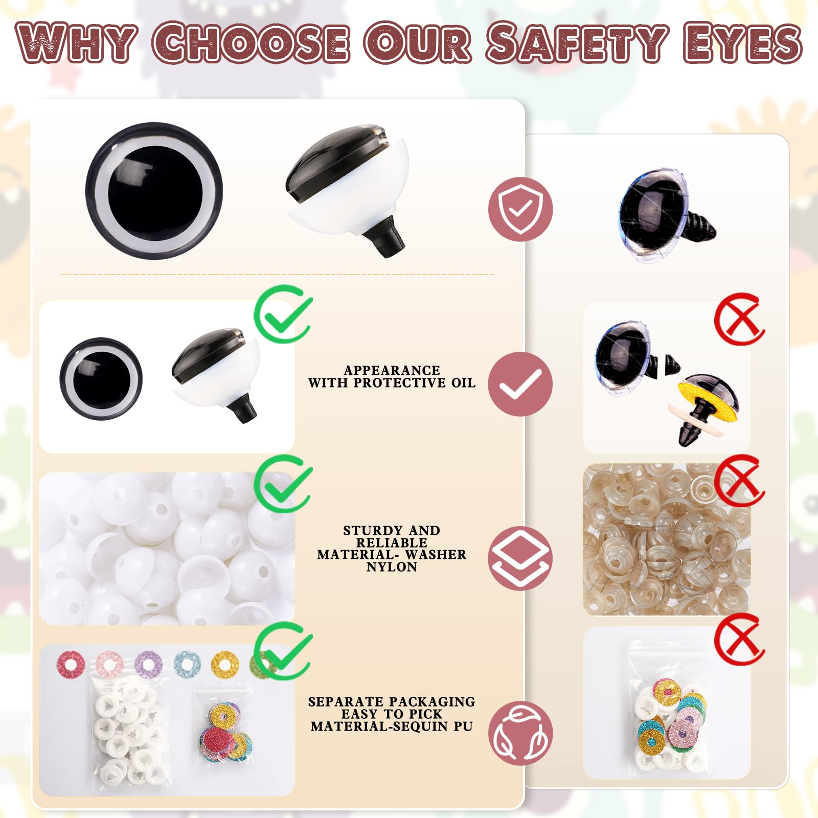 MUCUNNIA 96pcs 24mm Safety Eyes for Crochet Toys with Washers Glitter Safety Eyes for Amigurumi Crocheting Crochet Eyes Craft Doll Eyes for Soft Toy Teddy Bear and Plush Animal(6 Colors) - Image 3