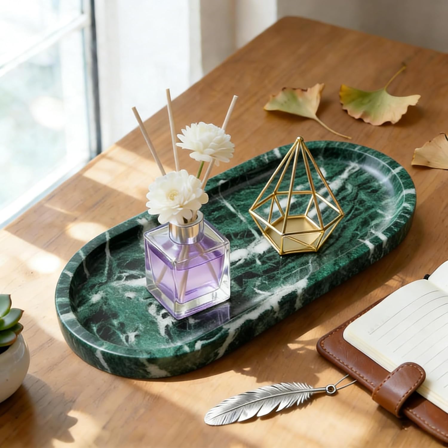 Natural Marble Tray, Green Stone Tray, Vanity Decorative Tray for Countertop, Catchall for Perfume, Candles, Skincare, Jewelry Dish, Bathroom Tray, Hotel Supplies