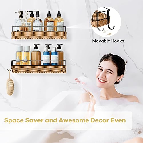 Miniatura 7 de Gusio Organizador y almacenamiento de baño, estantes de ducha tejidos a mano para decoración de baño interior, accesorios autoadhesivos para pared