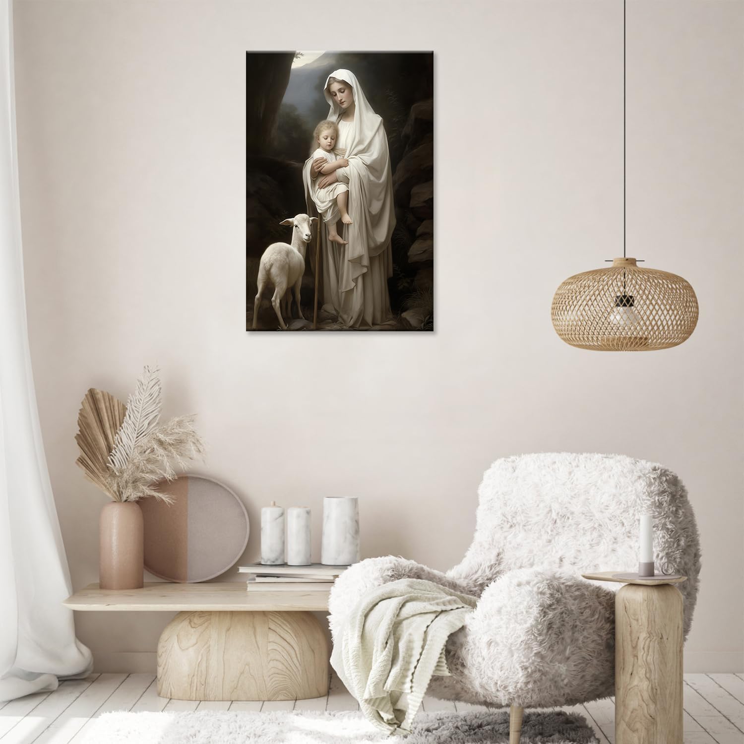 MODOJOART Virgin Mary Canvas Wall Art, Virgin Mary Holding the kid with Lamb Picture Painting Religion Inspirational Photo Artwork for Church Living Room Decor(Artwork-01, 12"x18")