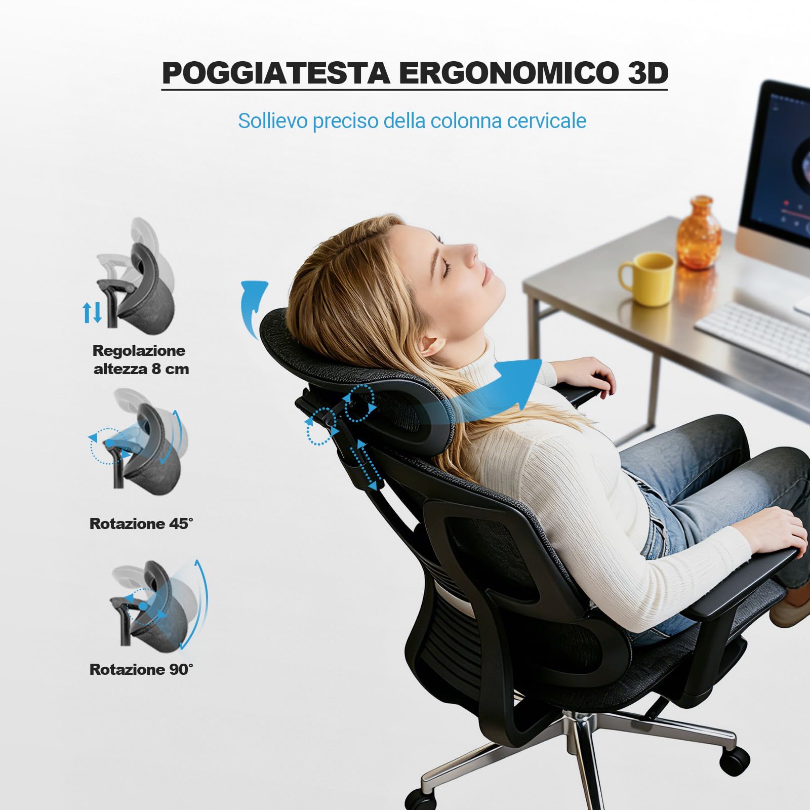 MELOKEA Sedia Ufficio Ergonomica con Poggiapiedi, Sedia Gaming in Rete | Braccioli 4D, Poggiatesta 3D, Profondità Seduta Regolabile, Inclinazione 4 Livelli, Home Office