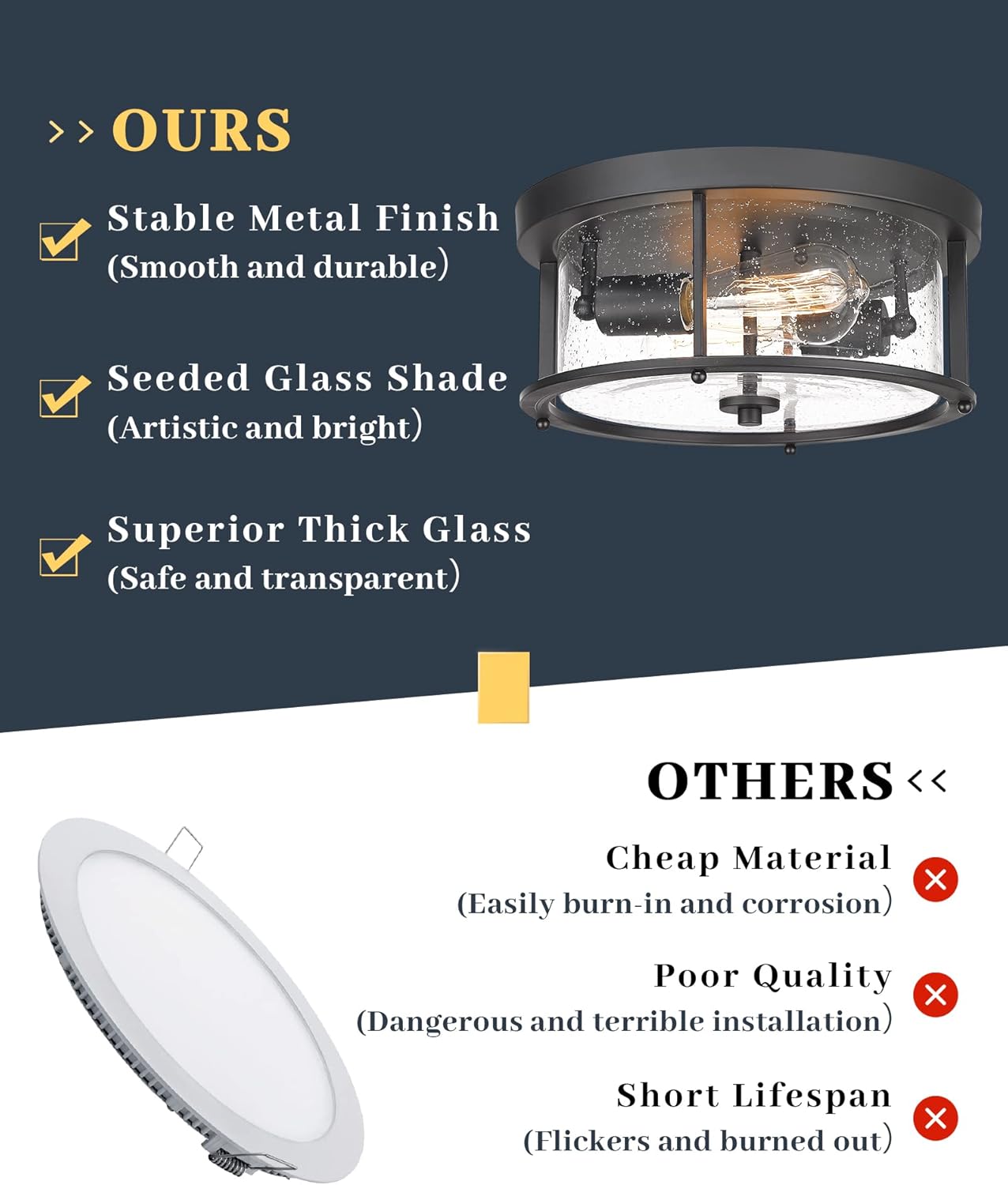 EAPUDUN Flush Mount Ceiling Light Fixtures, 12inch 2-Light Farmhouse Close to Ceiling Light Fixture with Seeded Glass Shade, Matte Black Finish for Porch, Entryway, Bedroom, Foyer,FMA1413-MBK