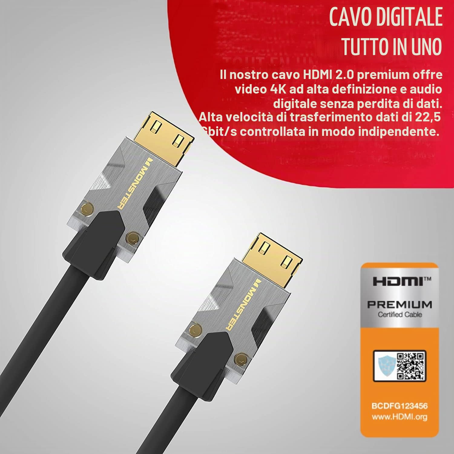 Monster Cavo HDMI M1000 da 1,5 m, Premium HDMI 2.0, cavo HDMI 4K, cavo HDMI ad alta velocità 22,5 Gbps, HDR, connettori oro 24K, cavo TV, compatibile con console di gioco, laptop, lettori DVD e