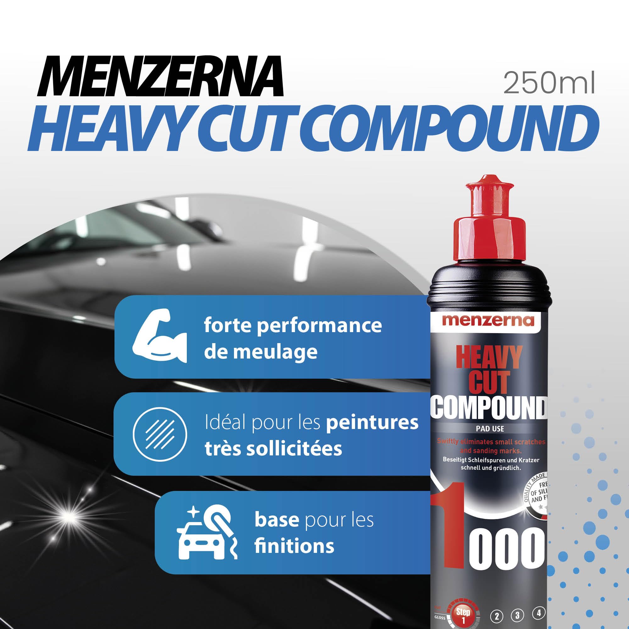 Menzerna Kit de Polissage pour Voiture : Menzerna Heavy Cut Compound 1000 + Medium Cut Compound 2500 + Super Finish Plus 3800 + Power Lock Sachet 20ml + 4X Chiffon Microfibre 40x40cm - 3