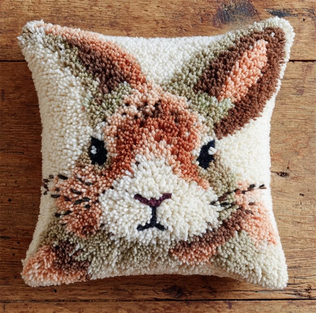 kitphoenix Cushion Covers Craft Kits Animal Latch Hook Kits for Adults Beginners Rabbit Making Crochet Pre Printed Canvas Wool Yarn Hobbies DIY Sofa Home Decor Women Gift 17X17Inch
