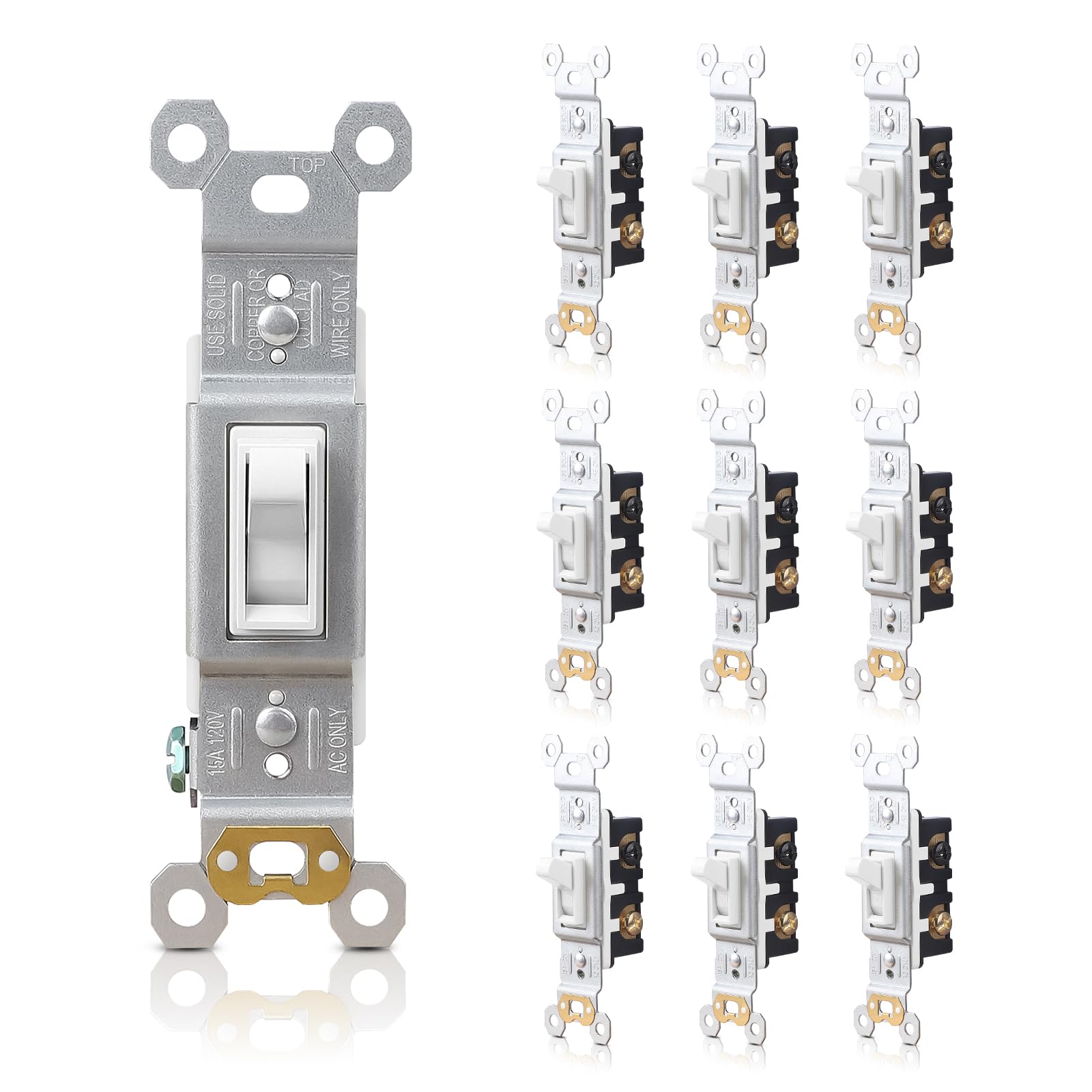 TOPELER Toggle Light Switch, Single Pole Electrical Switches, 15 Amp, 120 Volt, Self-Grounding, Residential & Commercial Grade, Quickwire Push-in & Side Wired, 10 Pack, White Recycled Claim Standard Blended