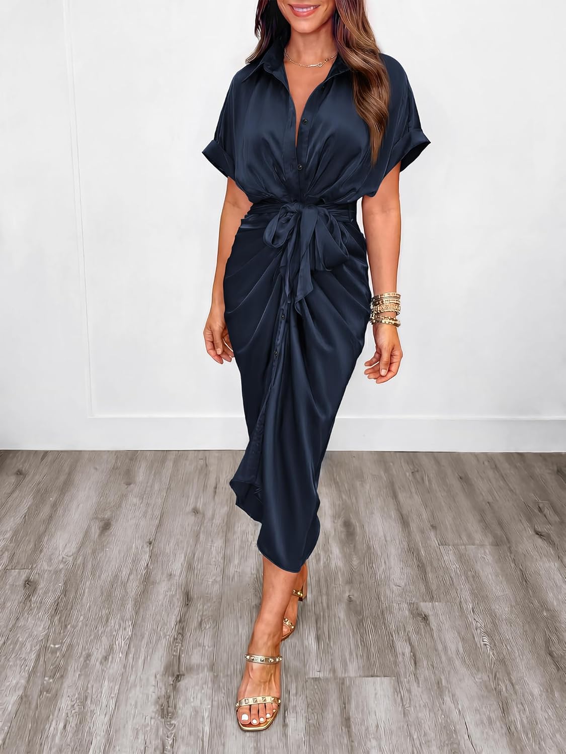 BTFBM Dresses for Women Summer Button Short Sleeve Silk Satin Ruched Spring Maxi Dress 2026 Cocktail Party Wedding