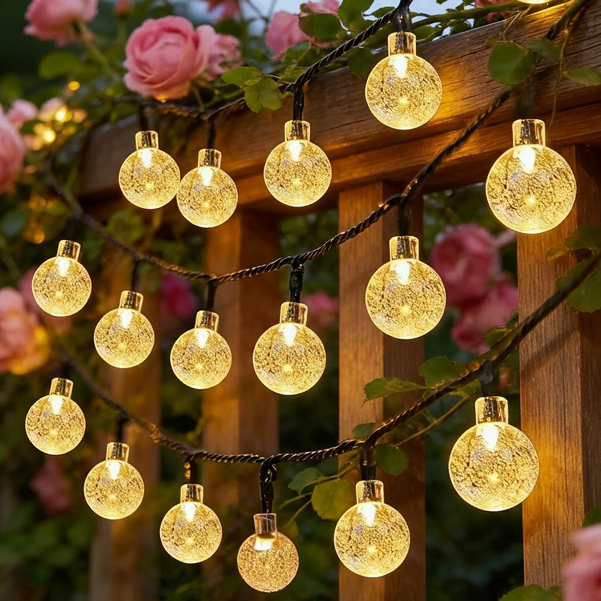 Knasin Warm White Solar Fairy Lights Garden Outdoor, Waterproof Solar Powered Bubble Lights, 60Led 8M/26Ft Solar String Lights, 8 Modes With 8-Hour Timer, Suitable For Garden, Party, Yard, Decoration (Warm White)