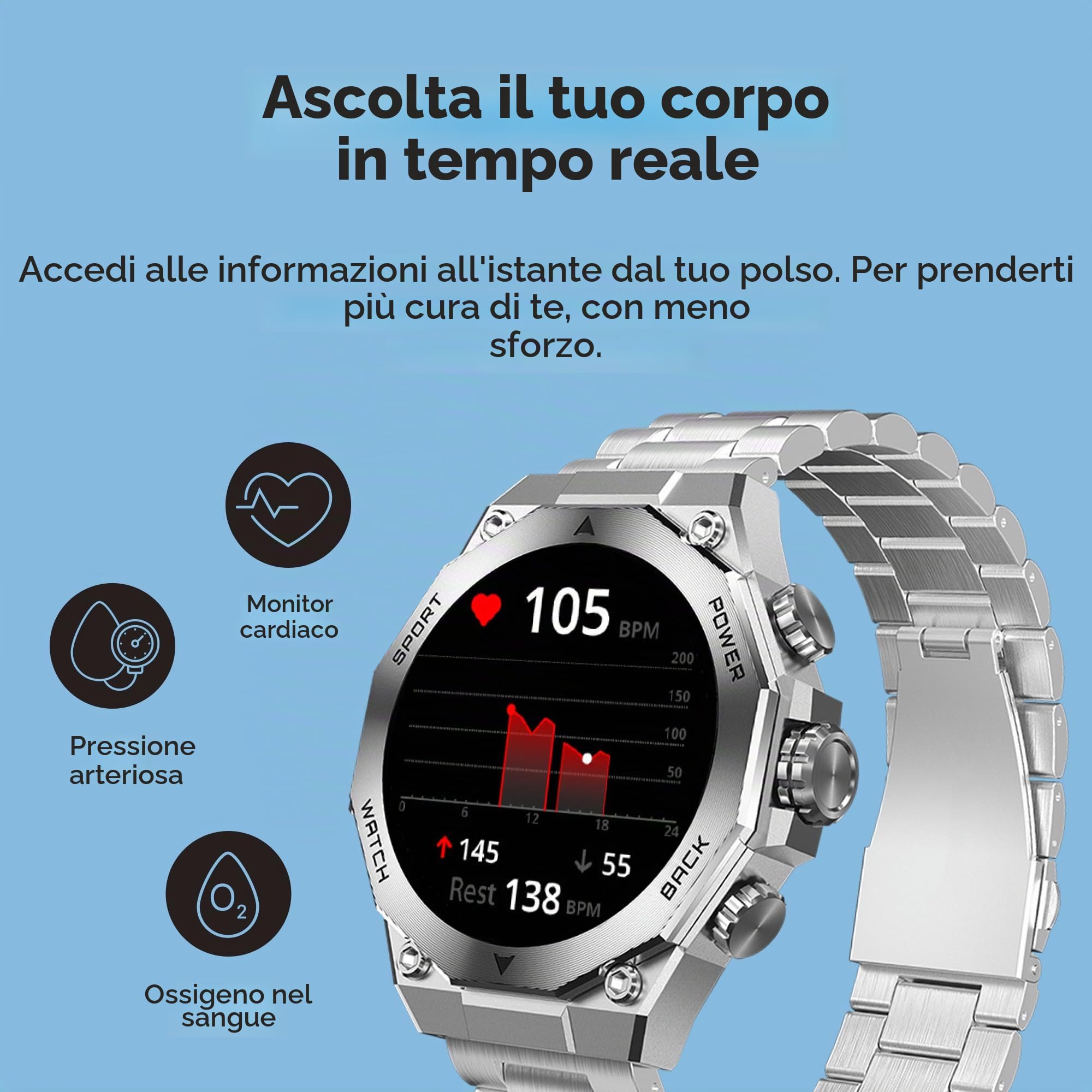 Ksix Titanium Smartwatch da uomo, orologio sportivo, chiamate e notifiche, cinturino in acciaio e silicone, display AMOLED, monitoraggio della salute e dello sport, assistenti vocali, autonomia 5