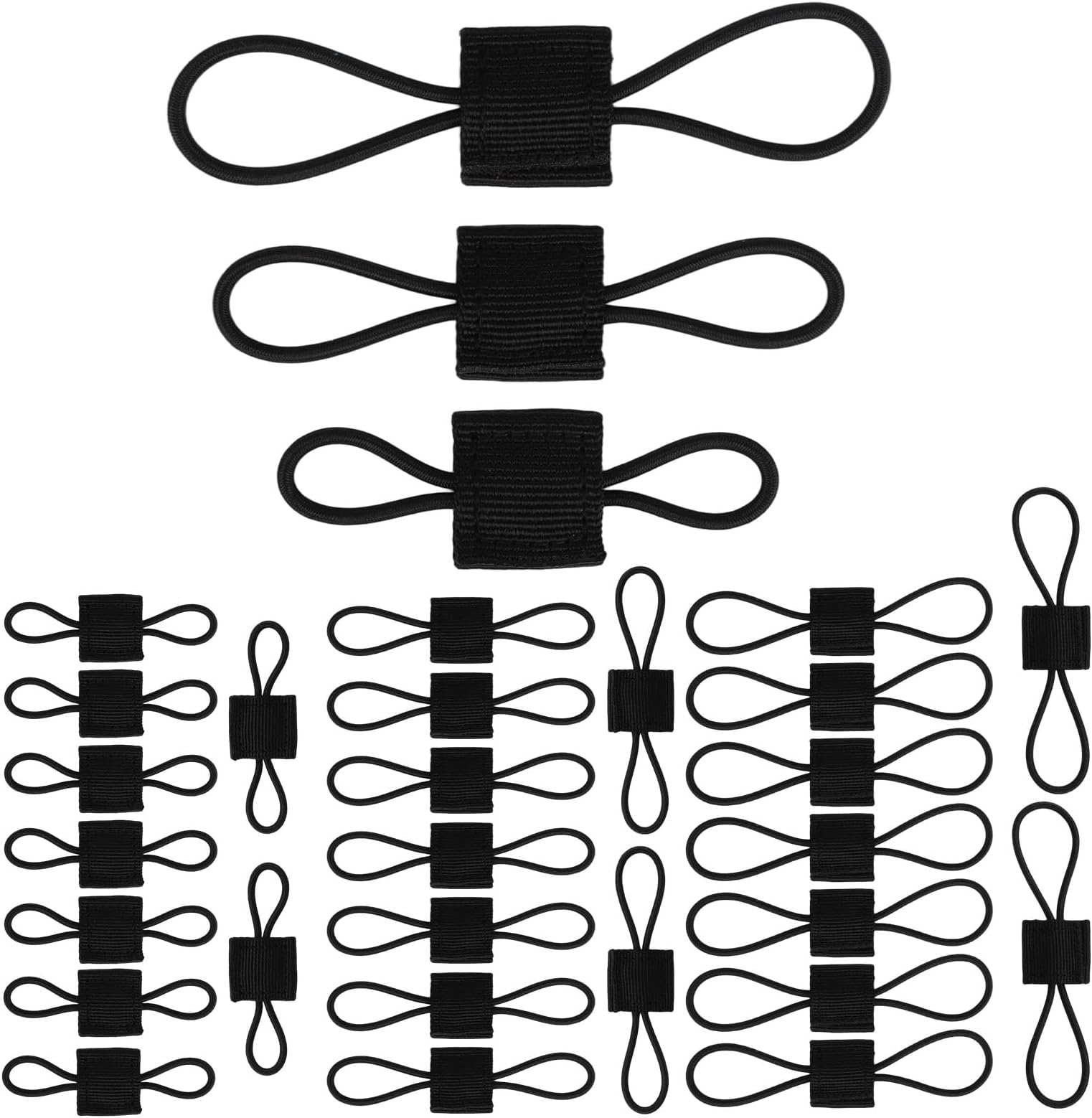 30pcs Molle Gear Attachments, 3 Sizes Elastic Webbing Binding Ribbon Straps Multipurpose Tactical Backpack and Outdoor Bag Holder Clip Organizer for Flashlights Water Bottles Accessories (Black)