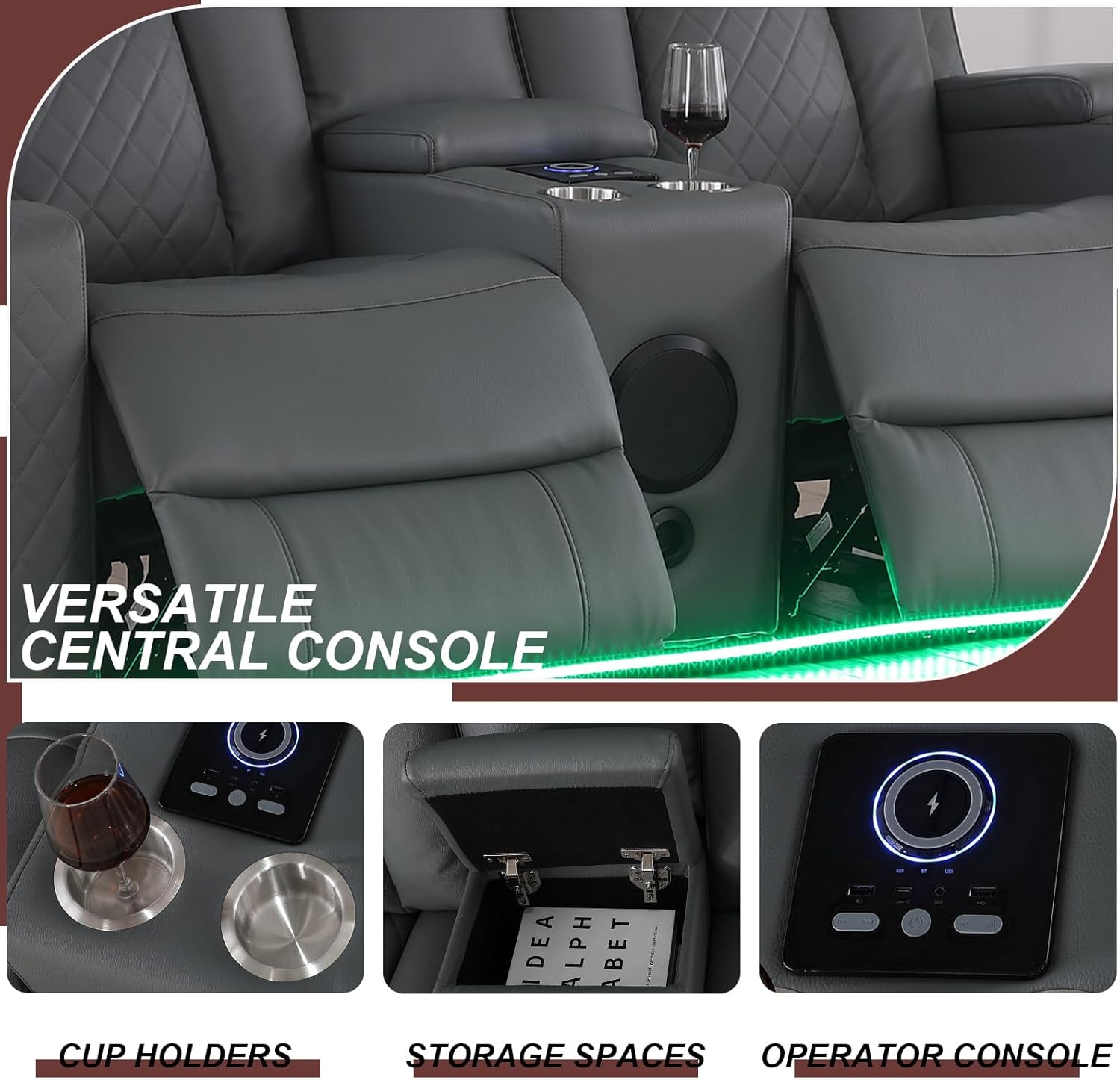 Power Recliner Loveseat, Home Theater Seating Loveseat Recliner with Adjustable Headrest, 2 Seater Power Reclining Sofa Couch with Storage/Cup Holder/USB Charging (Grey)