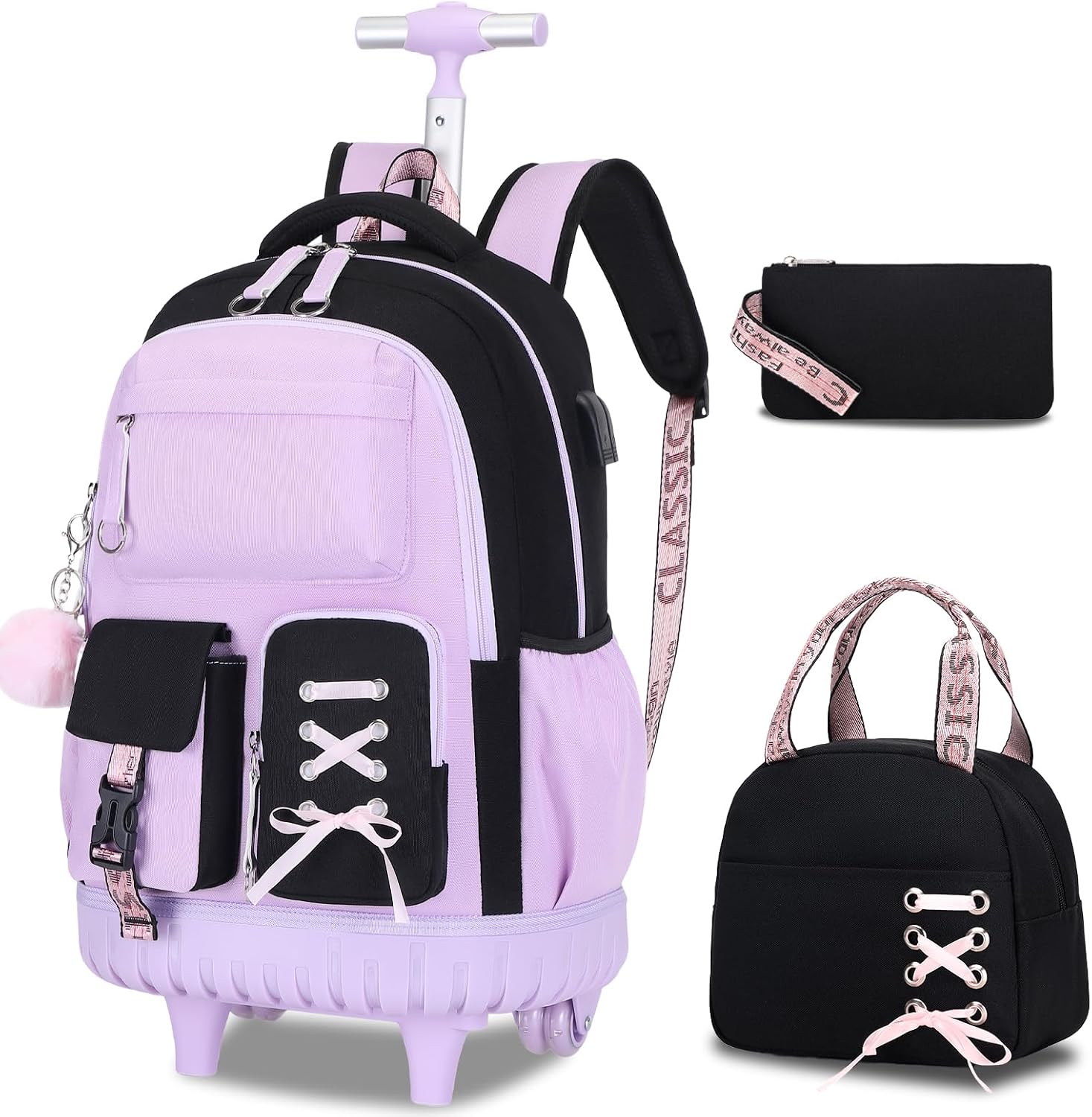 ACESAK 3PCS Teen Girls Rolling Backpack with Lunch Bag Set,Black Purple