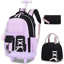 ACESAK 3PCS Teen Girls Rolling Backpack with Lunch Bag Set,Black Purple