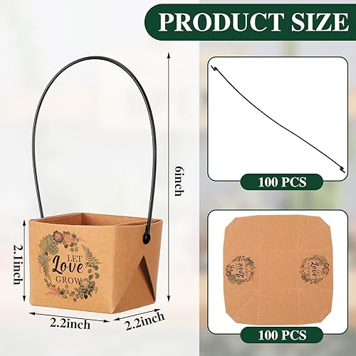 Miniatura 2 de Aliceset 100 unidades de Let Love Grow - Bolsa de regalo para suculentas a granel con mango de plástico, caja de regalo de papel kraft, cesta de