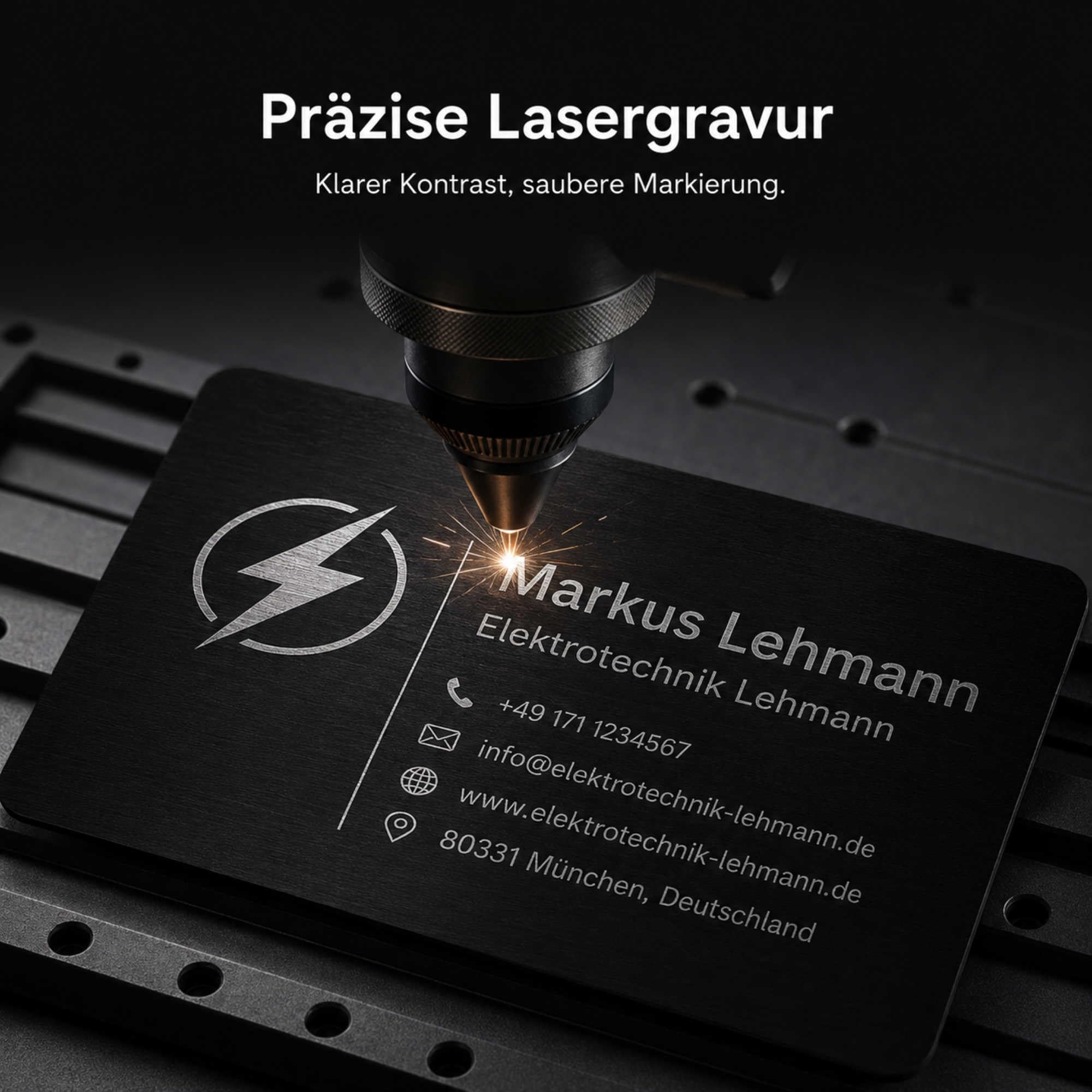 Visitenkarten erstellen - 100 personalisierte Aluminium Metall-Visitenkarten in Schwarz, 85 x 54 mm, mit Logo, Text oder QR Code, beidseitige Lasergravur