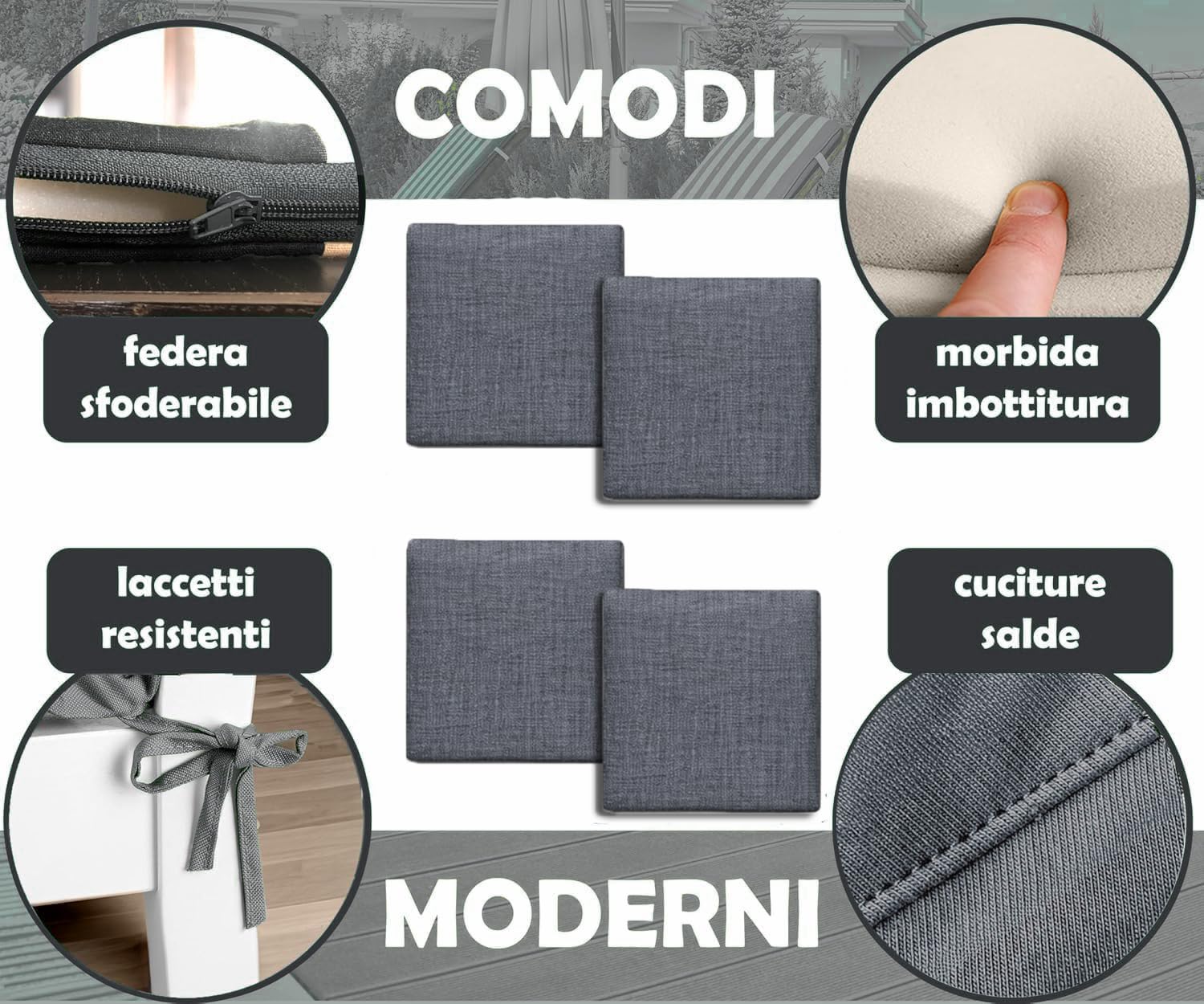 HAND - Set 4 Cuscini Sedie Esterno e Interno Sfoderabili 40x40 cm, Imbottitura Morbida, Cuscini per Sedie da Cucina, Giardino, Patio (Antracite, Set da 4)