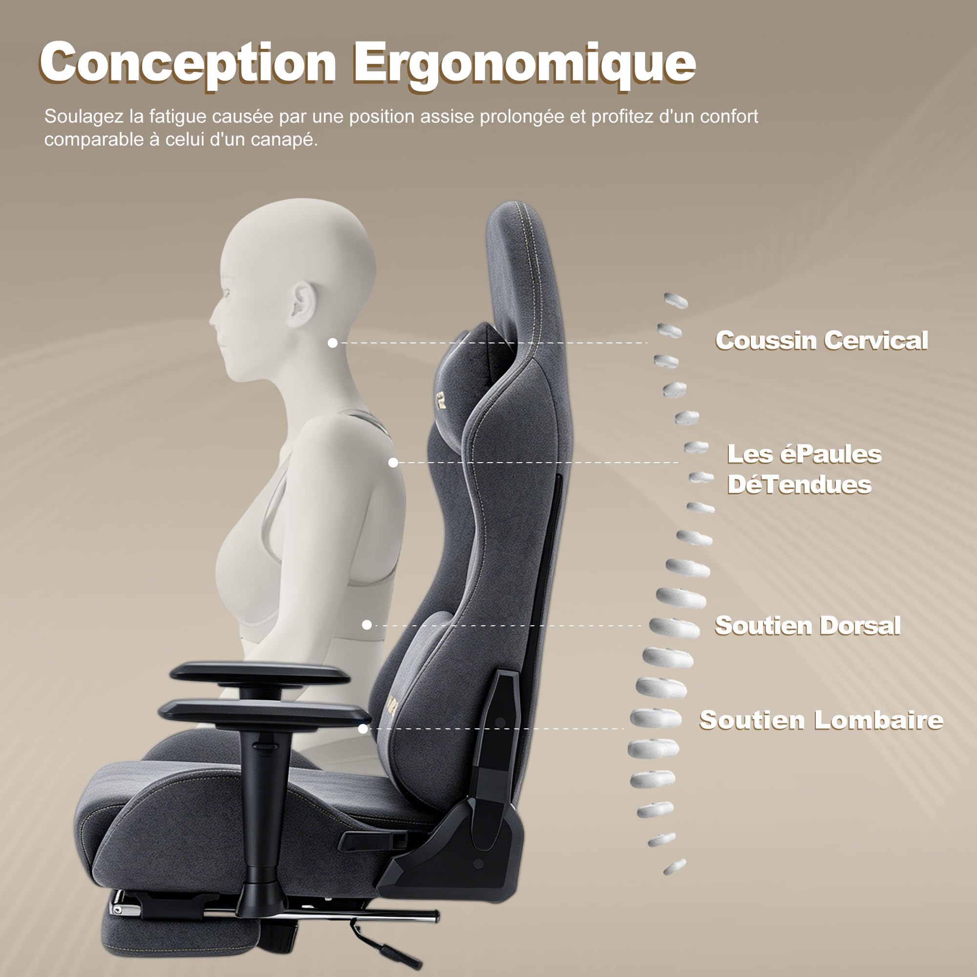 Symino Chaise Gaming Ergonomique et Fauteuil Gamer avec Repose-Pieds Télescopique Coussin à Ressorts, Support Lombaire et Hauteur Réglable 200kg (Faux Daim, Gris)