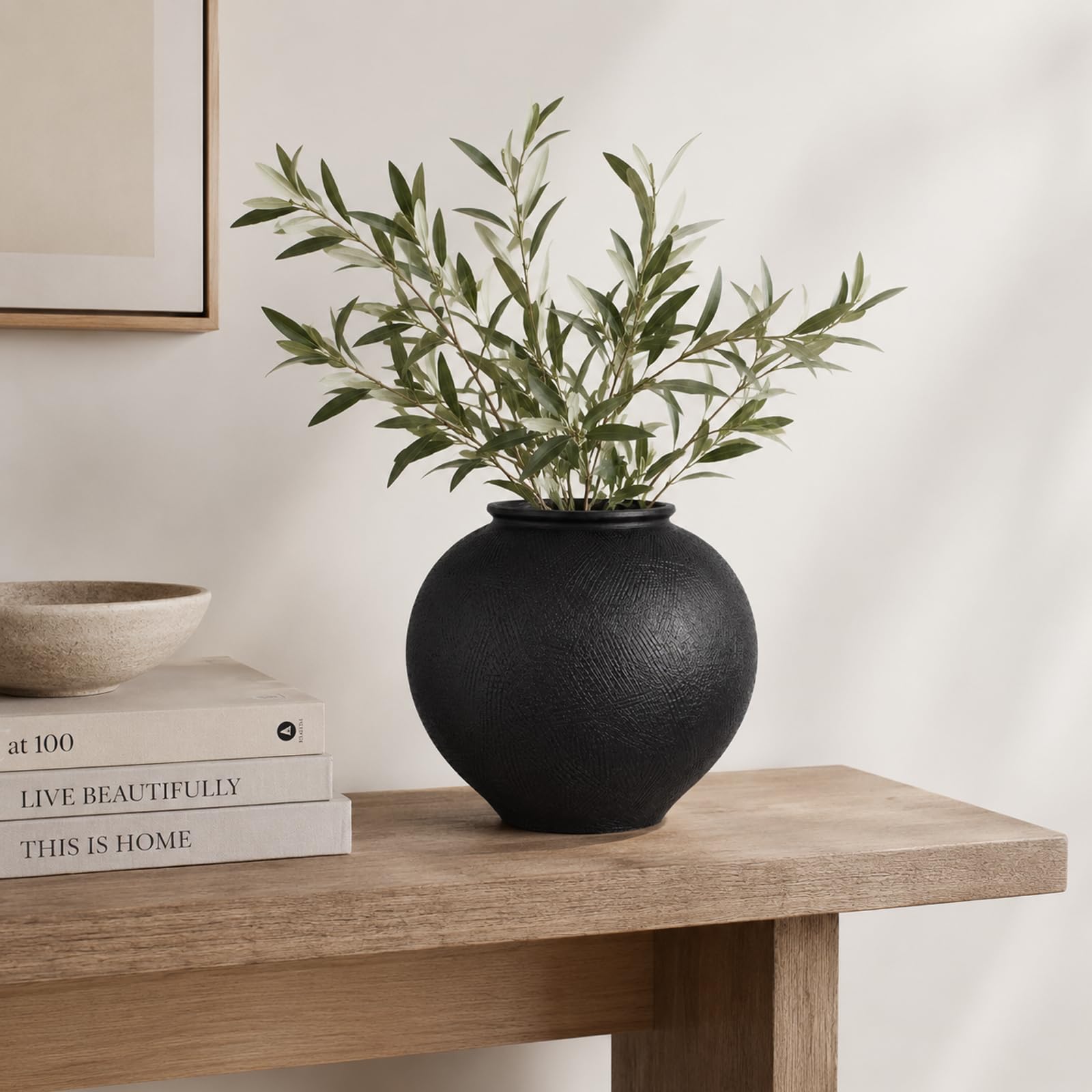 Rustikale Keramikvase, Bauernhaus, minimalistisch, hohe Blumenvase für Tisch, Wohnzimmer, Heimdekoration, Badezimmer, Urlaub, Hochzeit, 1 Stück, Sandsteinschwarz (Schwarz, 23,1 cm)