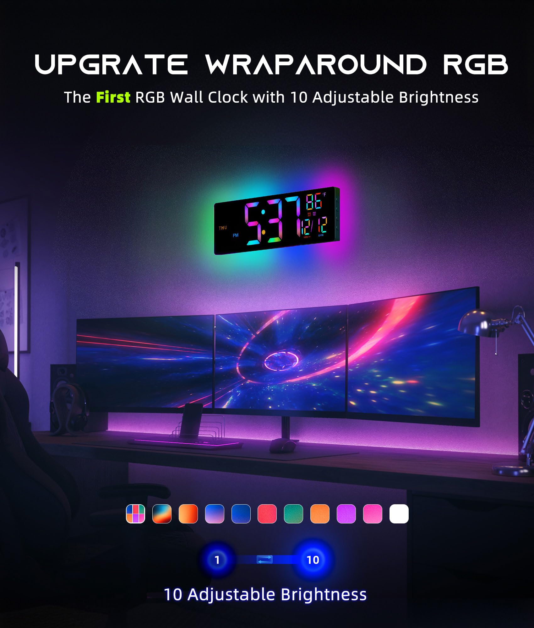 EASYERA 16,5 pouces large numérique horloge murale lumière RVB, double alarme large résolution d'écran LED, DST automatique, batterie bouton de consommateur