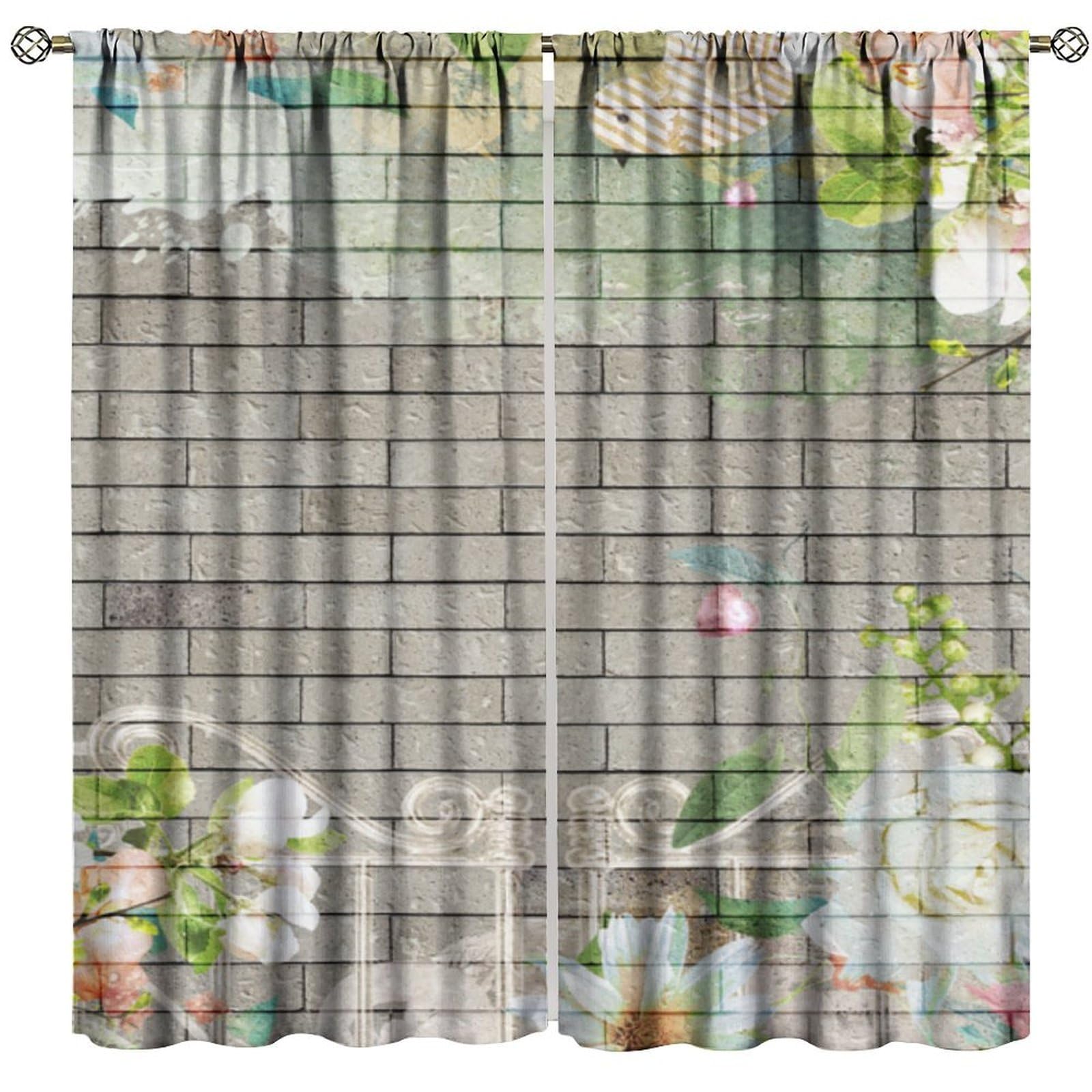 BenYaSong Brick Wall Blackout Window Curtain，Wallpaper Design Brick Wall Flower Theme for Home Kitchen Livingroom Coffee Room Window Drapes 2Panel 63" W X 63" L