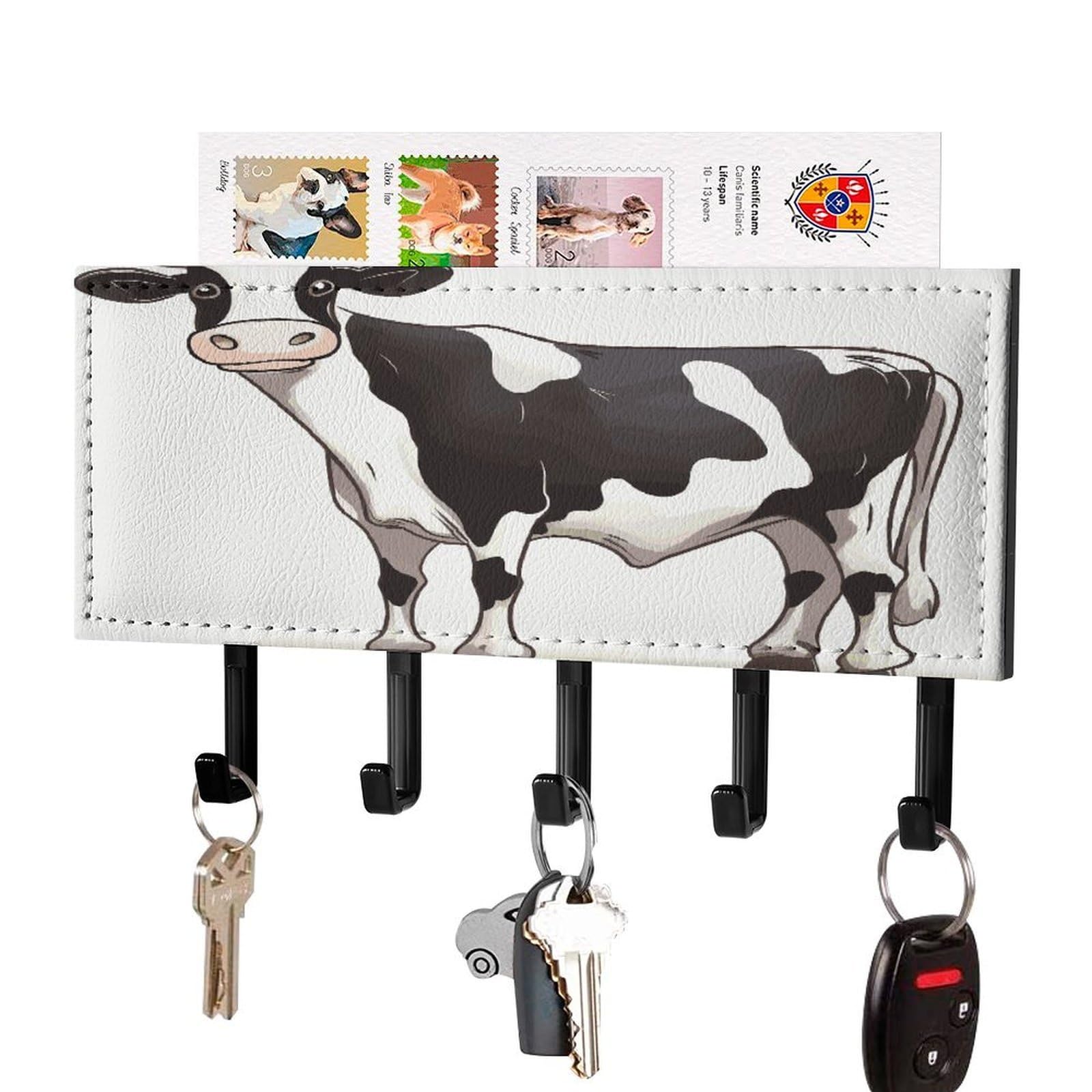 FekiLoot Dairy Cow Key Holder Wall Mount Key Hanger with 5 Hooks Decorative Key Rack Hanging Key Hooks with Mail Organizer Key Holder for Wall Living Room Kitchen Bathroom Hallway Black
