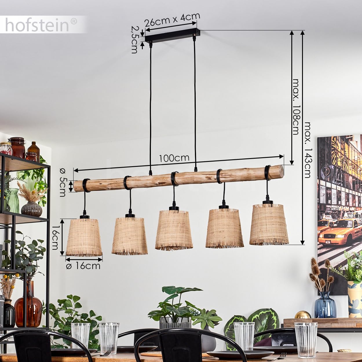 Lámpara colgante Soungou, moderna lámpara colgante de madera/metal/bastón en natural/negro/beige, lámpara colgante de 5 luces de diseño escandinavo, altura máx. 143 cm, 5 x E27, sin bombillas