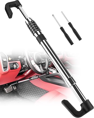 Tevlaphee Cerradura del volante antirrobo, dispositivo retráctil de pedal de freno, contraseña sin llave, combinación de 5 códigos, dispositivo de