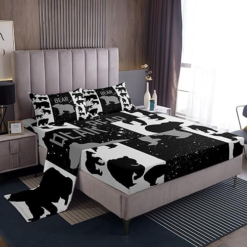 Juego de sábanas de oso para niños con bolsillo profundo, sábana bajera ajustable para niños y adolescentes, juego de sábanas rústicas de cabaña de