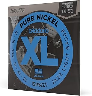 D'Addario Guitar Strings - XL Pure Nickel Electric Guitar Strings - Round Wound - Warm, Bright, Vintage Sound - EPN21 - Jazz Light, 12-51