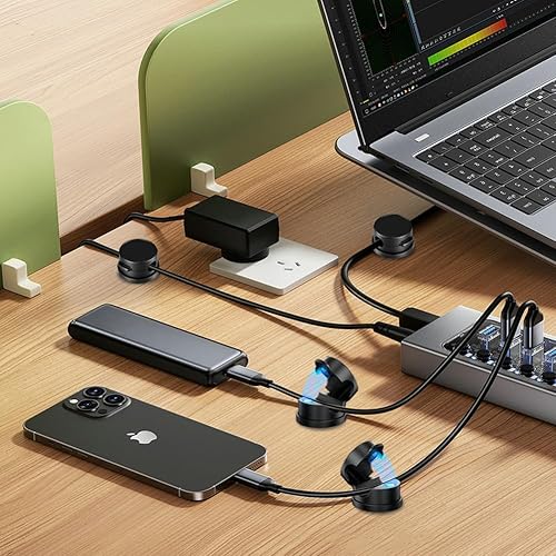 Miniatura 4 de Paquete de 9 organizadores de cables magnéticos giratorios, gestión de cables de teléfono, soporte de cables de carga de escritorio, clips adhesivos