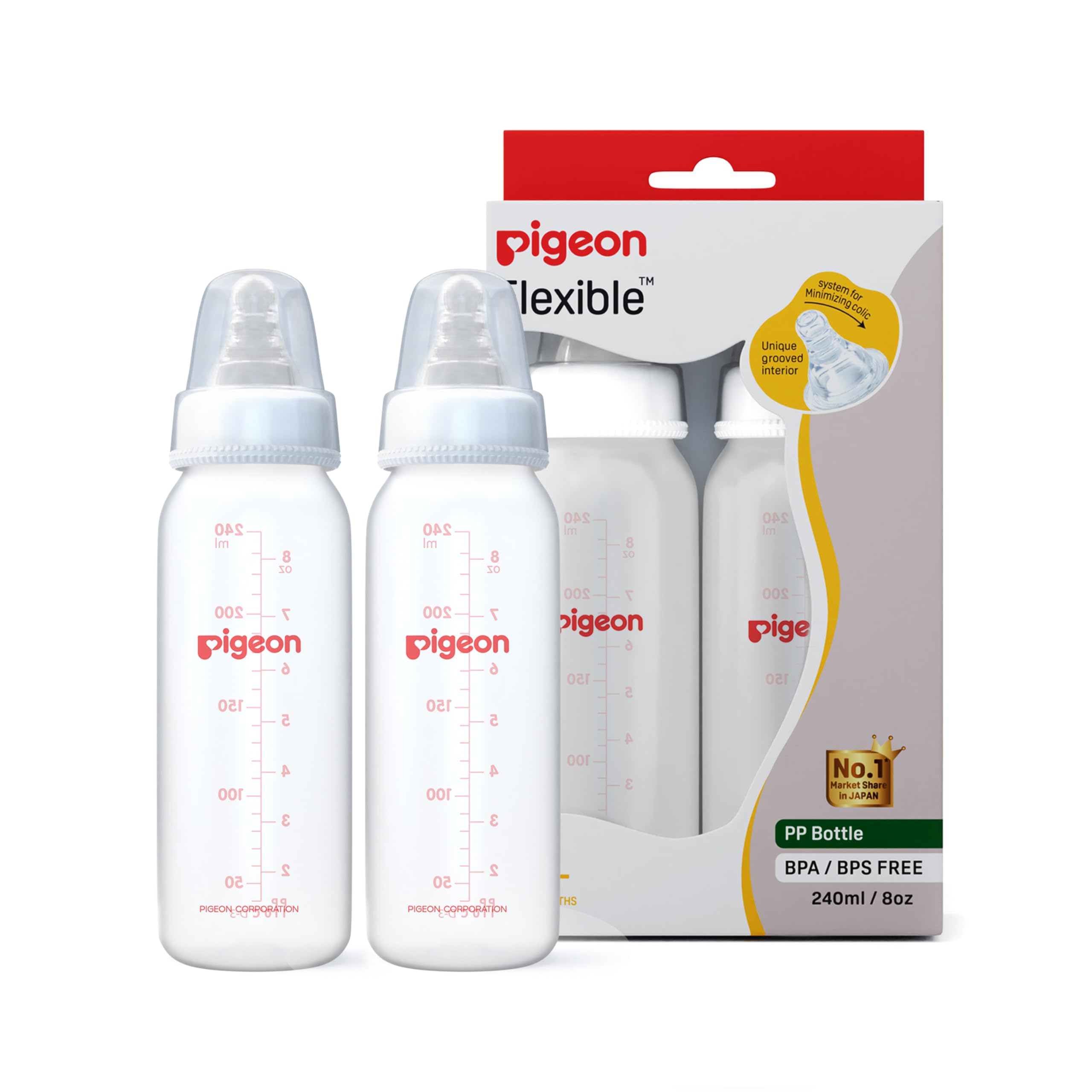 Pigeon Peristaltic Baby Nursing/Feeding Bottle RPP M,for 4+ Month Babies,BPA Free,BPS Free,White,240 ml,Pack of 2