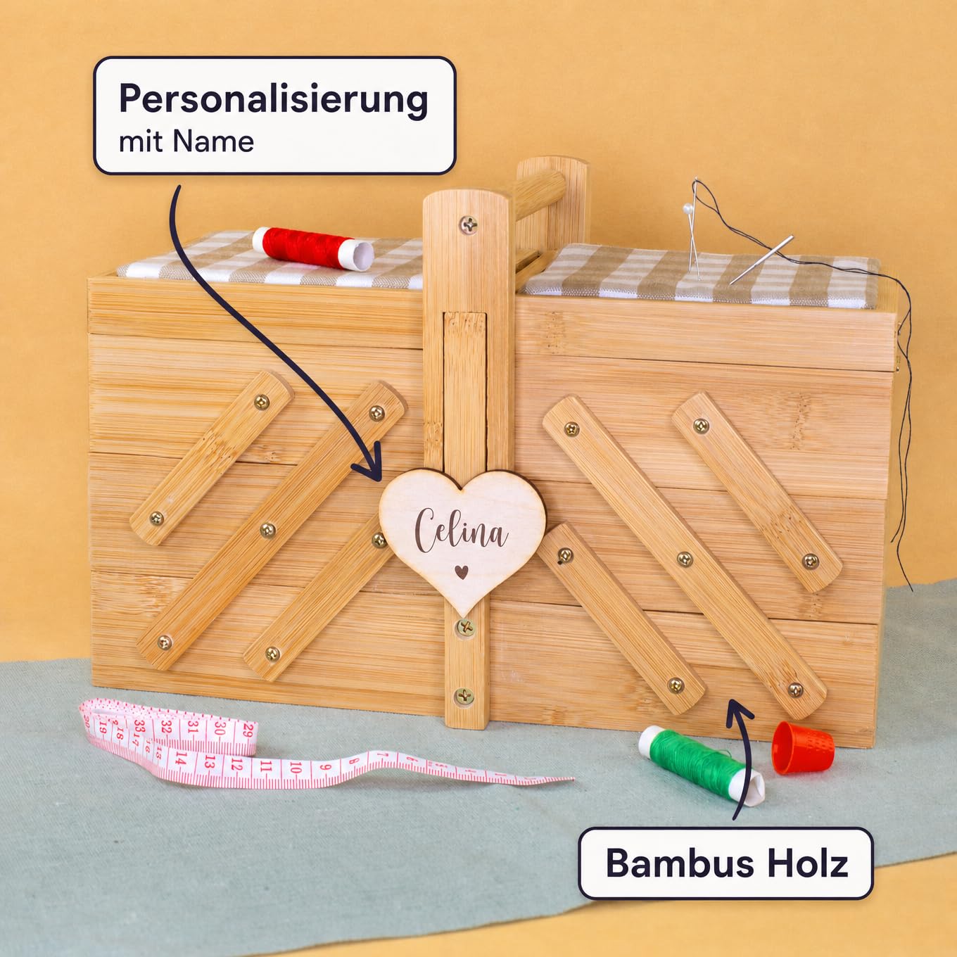 Herz & Heim® Nähkästchen personalisiert mit Gravur – Nähkasten aus Bambus Holz mit Nadelkissen & 5 Fächern – Frauen Geschenk für Oma, Mama, Freundin – Motivauswahl (Herzchen)