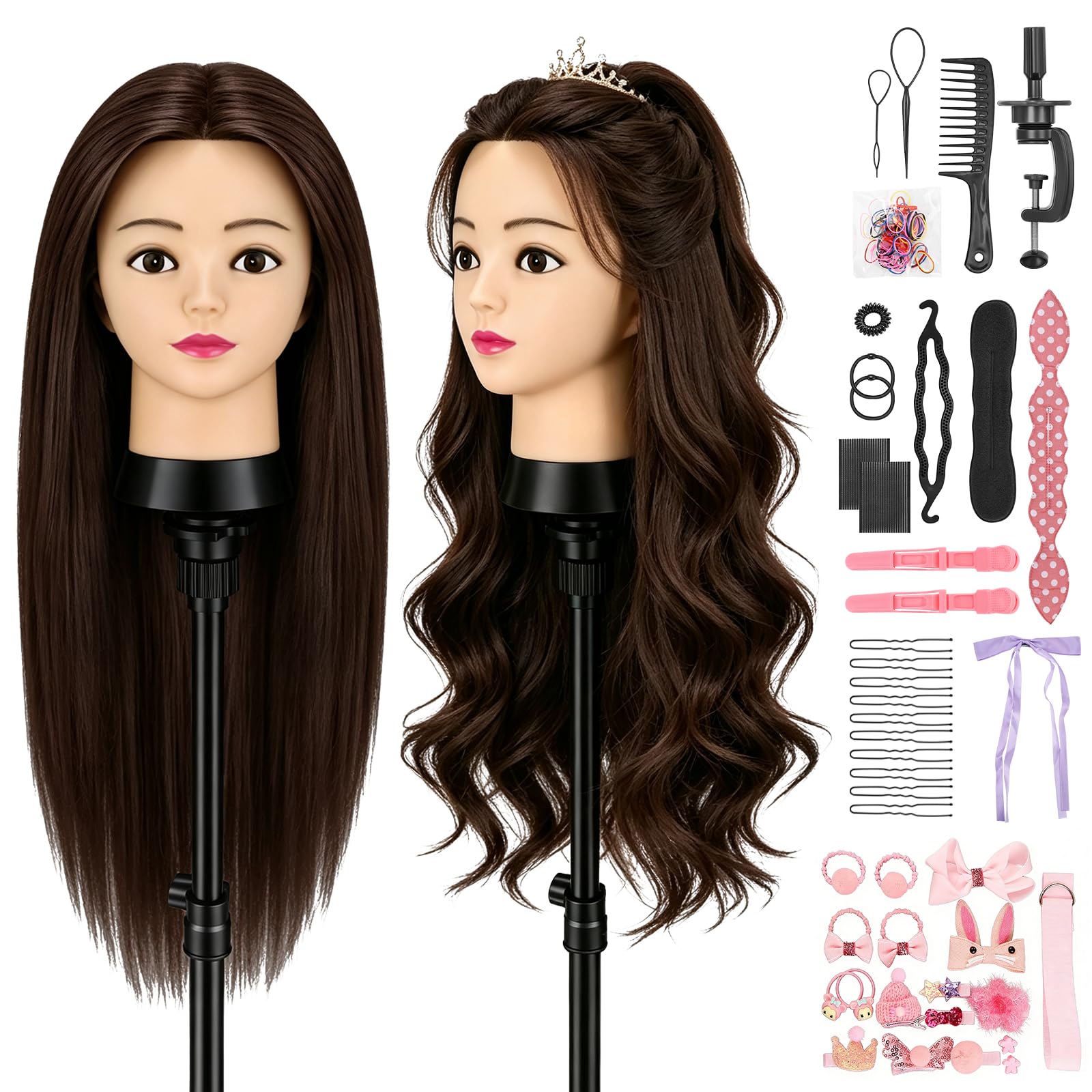 TwoWin 60 cm Trainingsköpfe Friseur, 24 Zoll Frisierkopf mit 80% Echthaar | Übungskopf Friseurkopf Puppenkopf mit Tischhalter + Haar Styling Braid Set (Rotbraun)