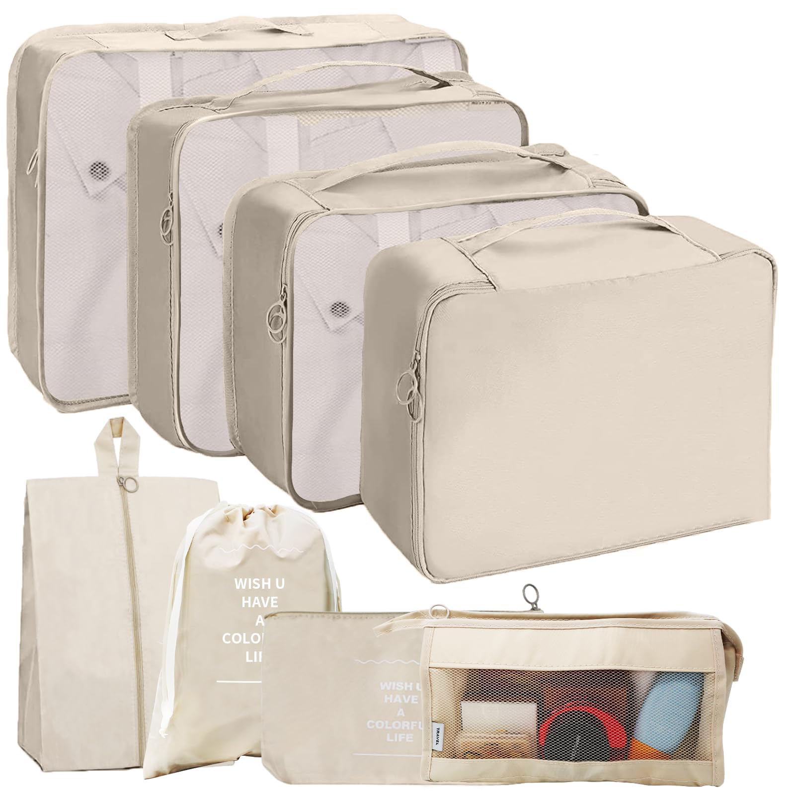 TTRWIN 8 Set Packing Cubes for Travel, Luggage Packing Orginzers Travel Bags for Travel Acessories, Mesh Breathable Packing Cubes for Suitcases, Durable Travel Essentials Storage Bags Set (Beige)