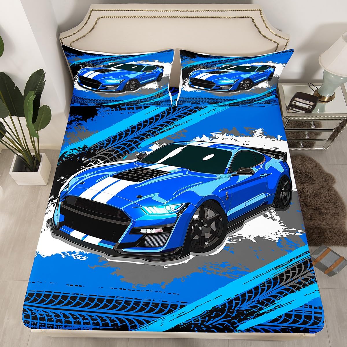 Blue Sports Car Sheet Set for Kids Boys Men,Graffiti Race Car Bed Sheets Twin Size,Grunge Car Track Bedding Set Soft,Hippie Racing Car Fitted Sheet + Flat Sheet + 1 Pillowcase Bedroom Home Decor
