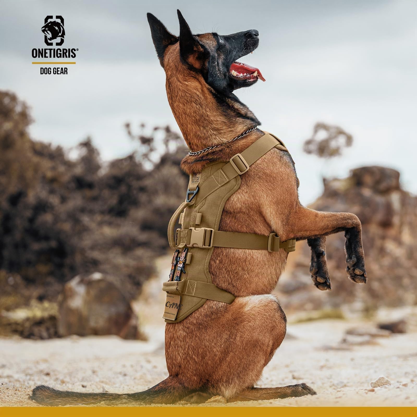 OneTigris Pettorina per cani, T-Bone, tattica con 2 manici, a prova di rottura, regolabile, per cani, caccia, escursionismo, allenamento, passeggiate, attività all'aperto (marrone, M)