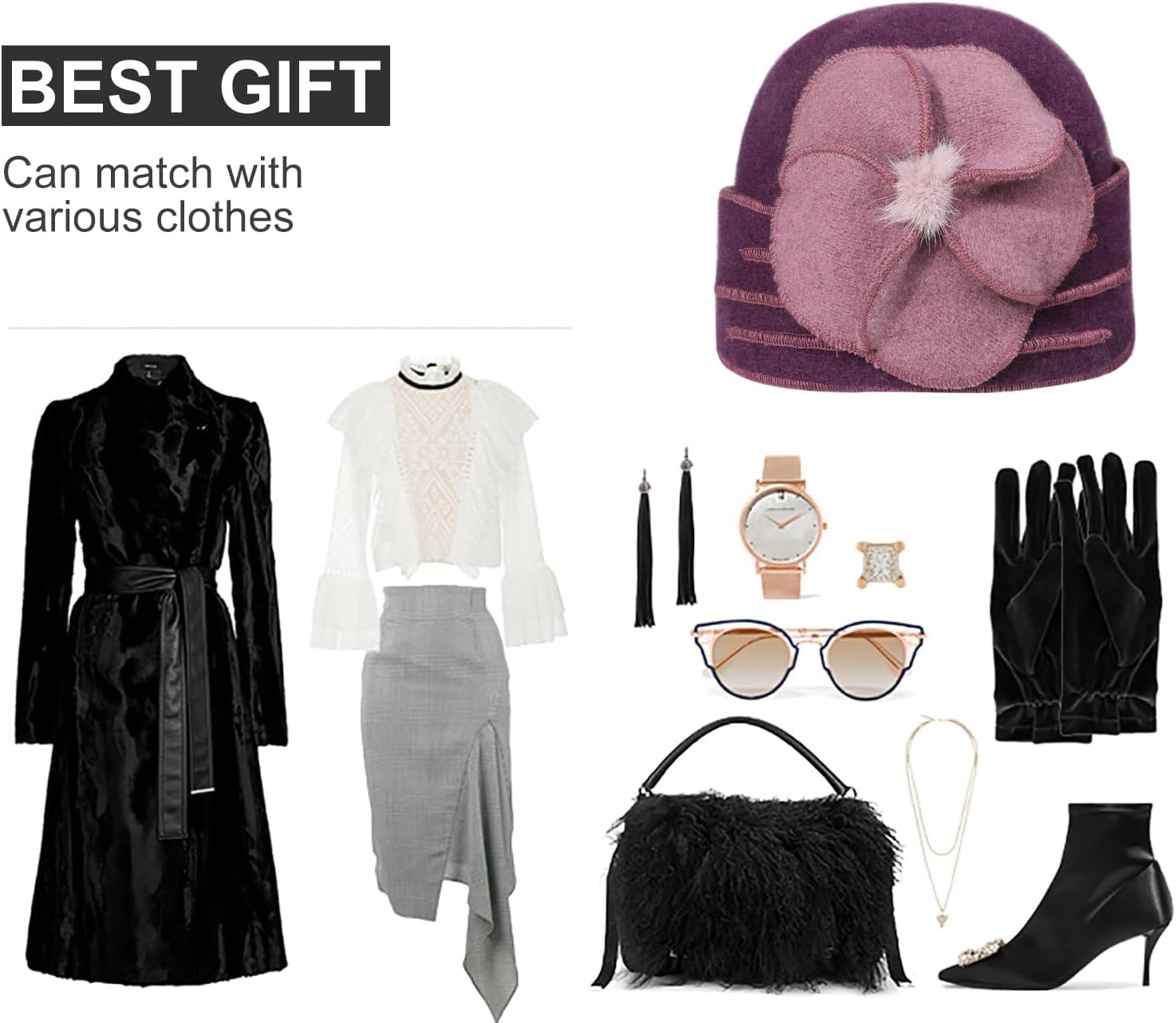 Sumolux Beanie Hats for Women Wool Skull Cap Beret Floral Cuffed French Vintage Dress Cloche Classic Winter 1920s - Image 6