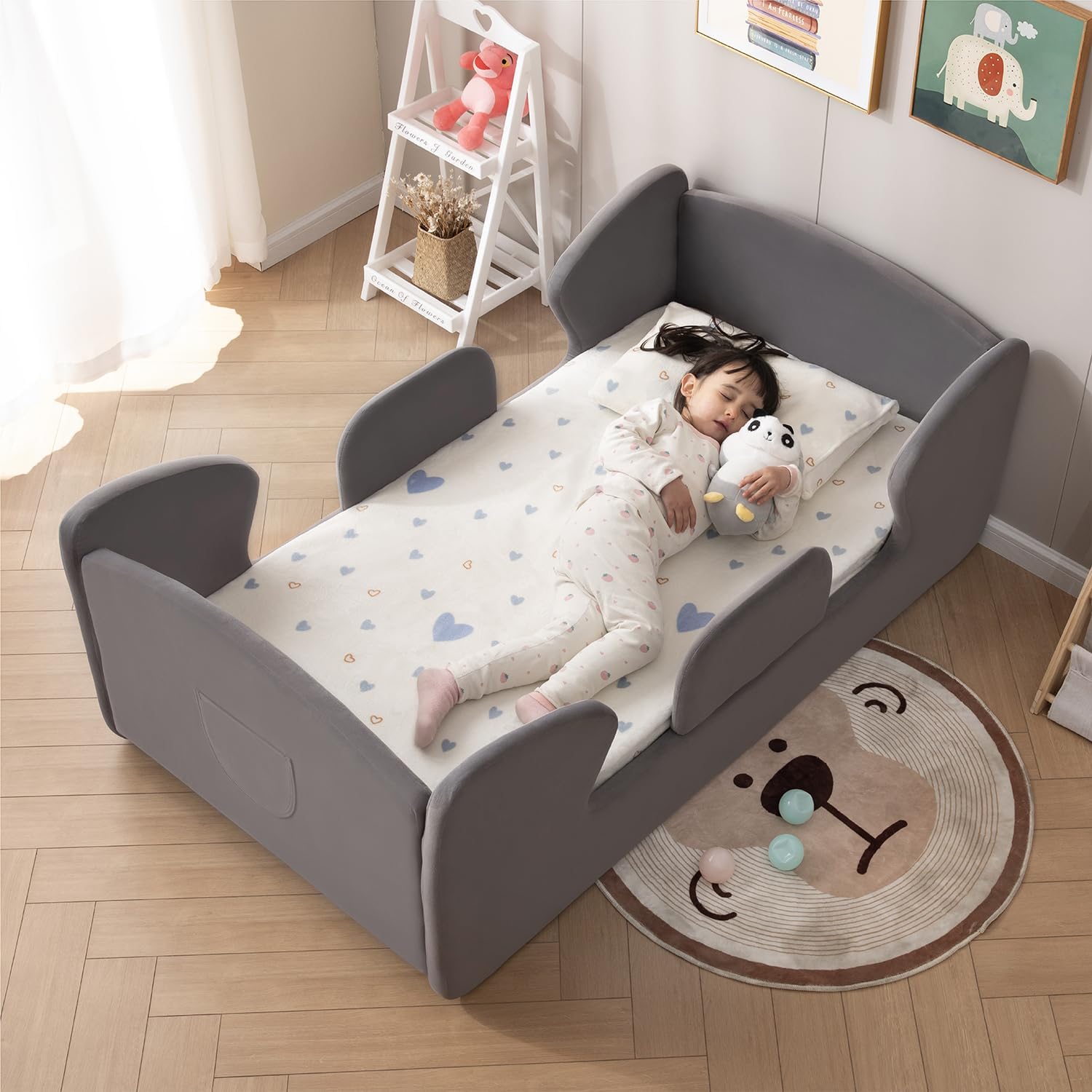 Toddler Bed, Kids Floor Bed with Removable Rails, Upholstered Child Bed Frame for Boys and Girls with Storage Bag, Standard Size Toddler Bed (Grey)