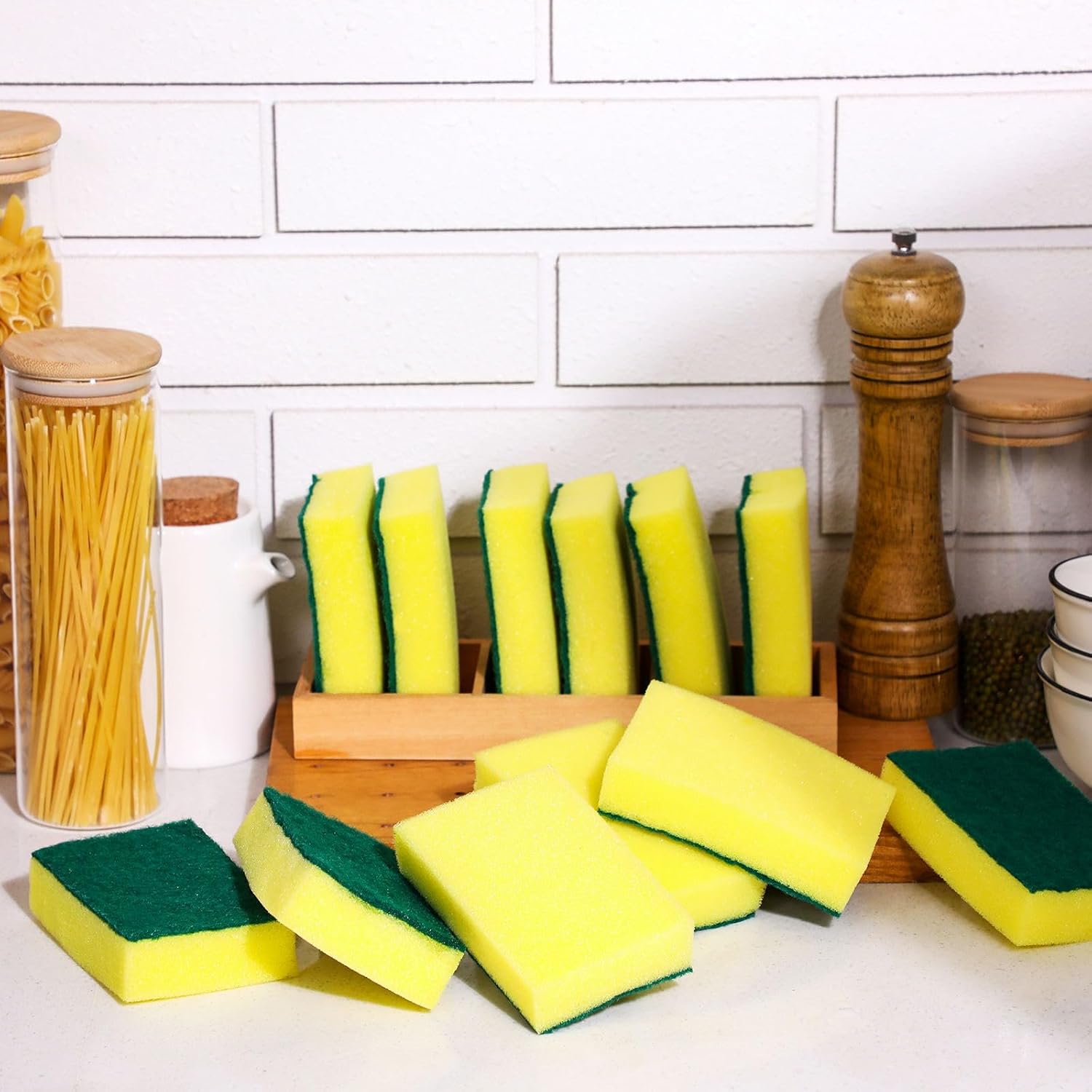 Maxcheck 240 Pcs Individually Wrapped Sponge Dishwashing Sponge Bulk Non Scratch Scouring Pad Kitchen Scrub Sponges for Household Cleaning Rental Dishes Hotel Apartment Car (Yellow, Green)
