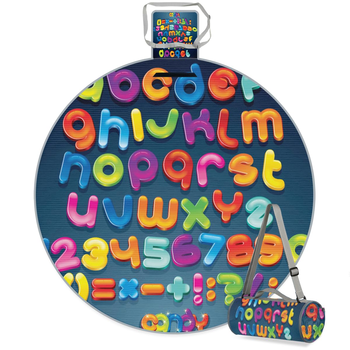 Shimoshe Cartoon Colorful Letters Picnic Outdoor Blanket Foldable Waterproof Sandproof Beach Blanket Portable Water-Resistant Round Picnic Mat for Travel Camping Park Lawn