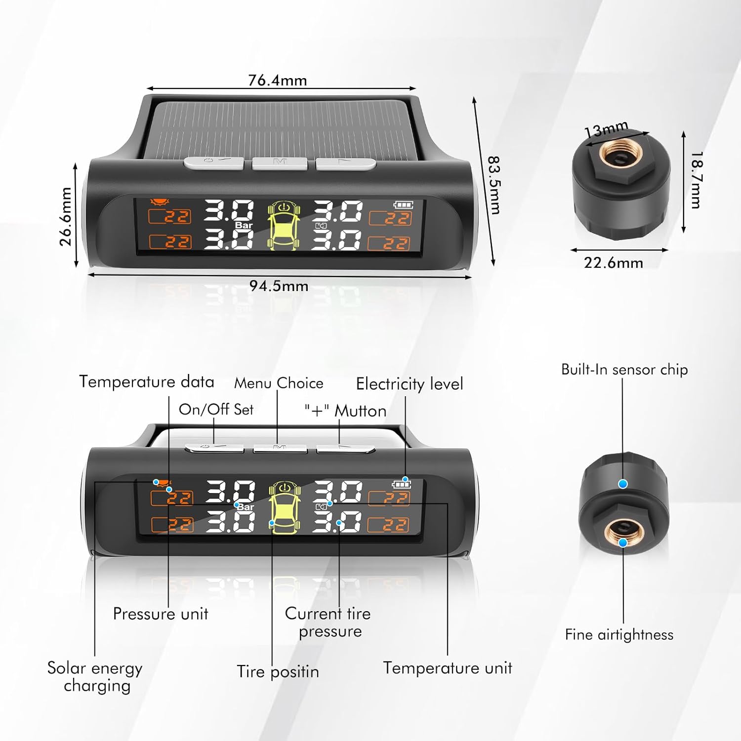 Tire Pressure Monitoring System with Solar Charge,TPMS Tire Pressure Monitor System with 4 External sensors & 5 Alarm Modes, Real Time Monitoring Pressure & Temperature,Suitable for 4 Wheeled Vehicles