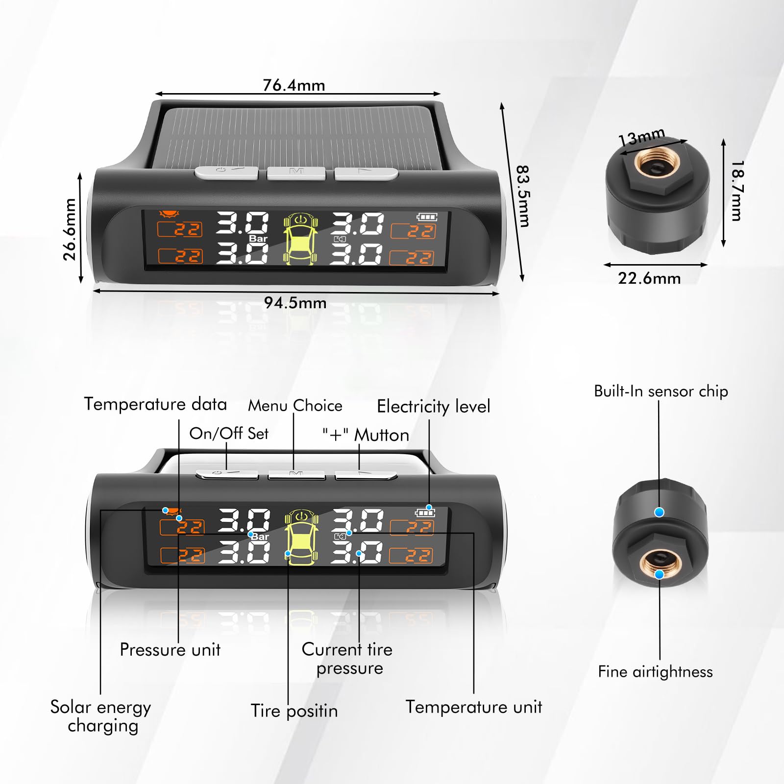 Reifendruckkontrollsystem mit Solarladung, TPMS Reifendruckkontrollsystem mit 4 externen Sensoren und 5 Alarmmodi, Echtzeitüberwachung Druck und Temperatur, geeignet für Fahrzeuge mit 4 Rädern