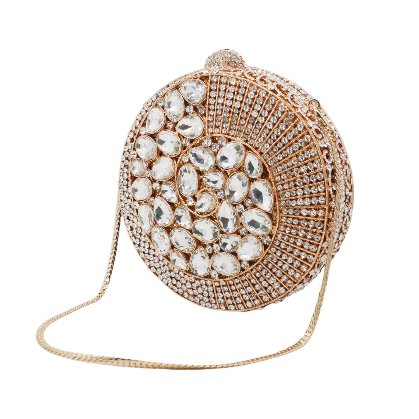 PENGZHI Women Rhinestone Evening Bag Sparkly Round Shpae Crystal Clutch Purse Luxury Bride Shoulder Handbag for Party Wedding, Gold&Silver